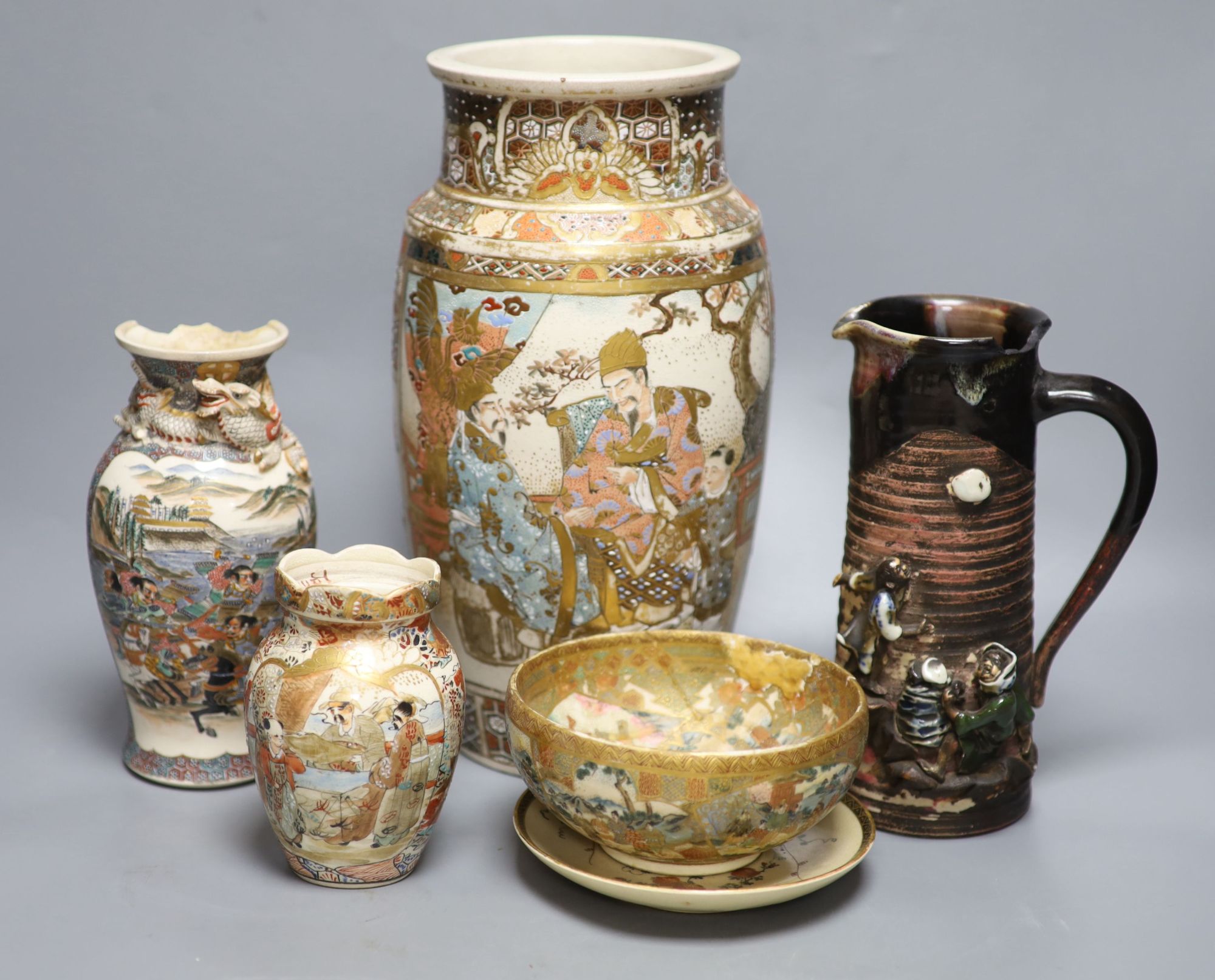 Five pieces of Satsuma pottery together with a Sumida pottery jug, tallest 31cm